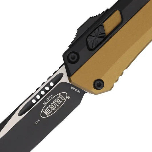 Microtech Glykon Auto OTF Knife Tan Aluminum Handle Premium Steel Tanto, 5.25in Closed, 4in Blade, EDC Enthusiasts by Microtech