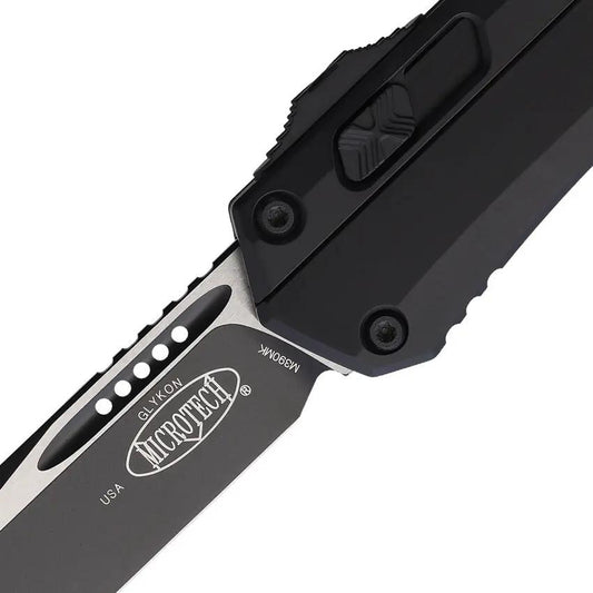 Microtech Glykon Auto OTF Knife With Black Aluminum Handle And Premium Two Tone Tanto Blade For EDC Enthusiasts by Microtech