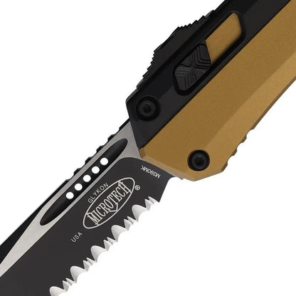 Microtech Auto Glykon OTF Knife Tan Aluminum Handle With Premium Serrated Two Tone Tanto Blade For EDC Enthusiasts by Microtech