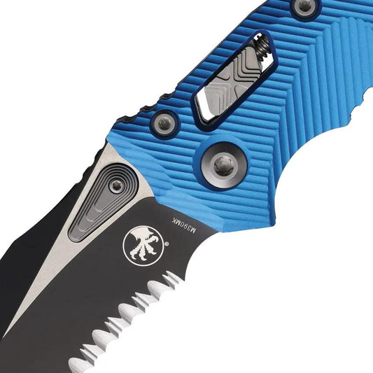 Microtech Amphibian Ram Lok Knife Blue Aluminum Handle 4in Partially Serrated M390MK Blade EDC by Microtech