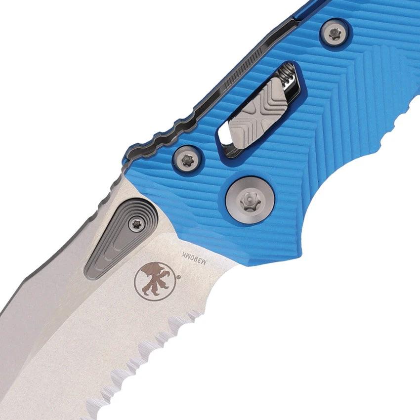 Microtech Amphibian SE RamLok SW Partially Serrated M390MK Blade Blue Aluminum Handle Tactical Knife for Collectors by Microtech
