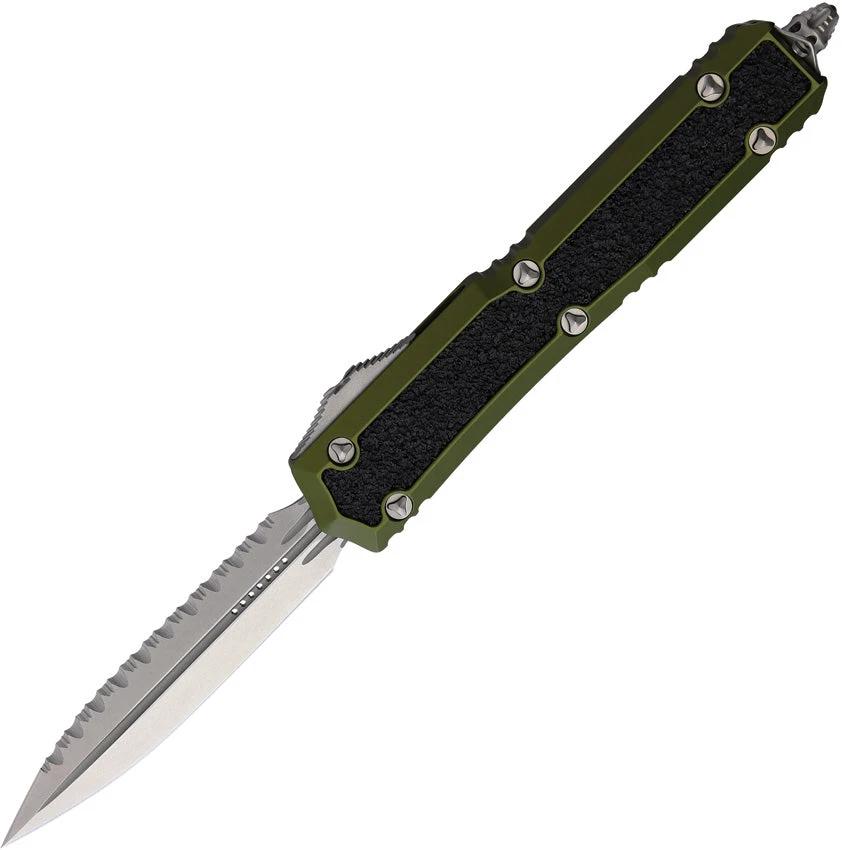 Microtech Auto Makora DE OTF Knife OD Green Aluminum Handle Double Edge Serrated Dagger Blade Glass Breaker EDC by Microtech