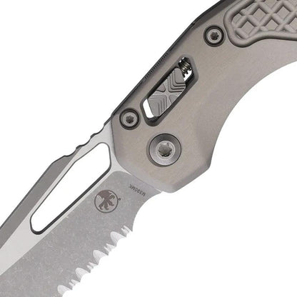 Microtech RAM Lok AP Frag Gray Automatic Knife 3.75in Bohler M390 Serrated Blade Aluminum Handle For Tactical Enthusiasts by Microtech