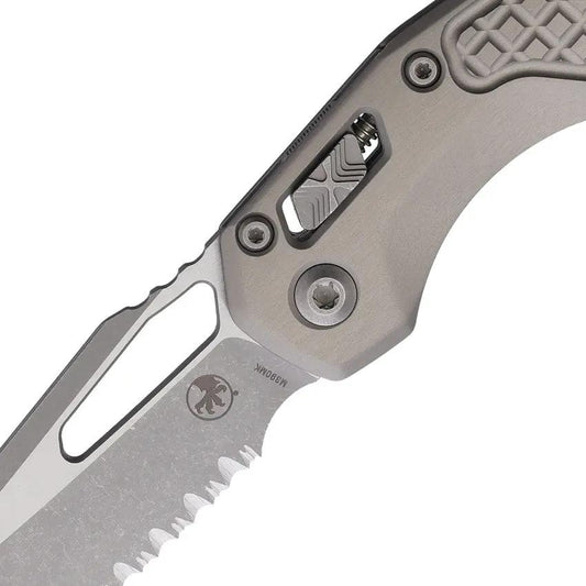 Microtech RAM Lok AP Frag Gray Automatic Knife 3.75in Bohler M390 Serrated Blade Aluminum Handle For Tactical Enthusiasts by Microtech