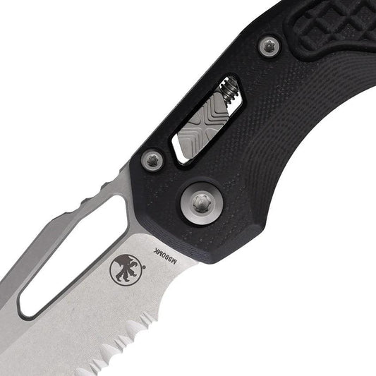 Microtech Ram Lok SW FS Black Frag Pattern G10 EDC Knife Five Inch Closed Three And Three Quarter Inch Blade M390 by Microtech