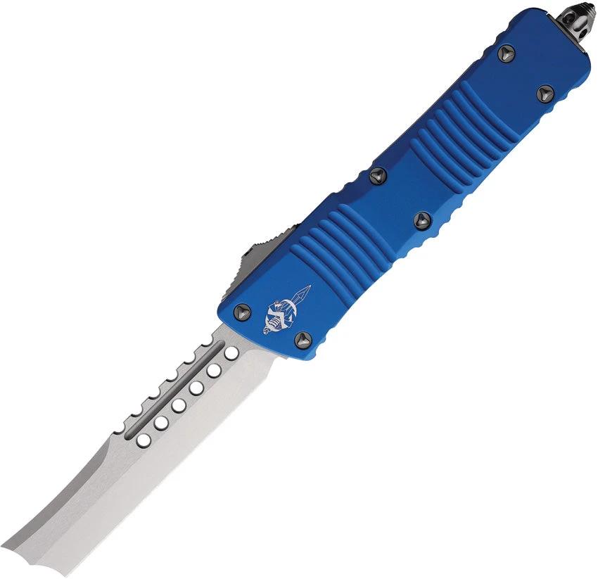 Microtech Auto Combat Hellhound Razor Knife With M390 Blade And Blue Anodized Aluminum Handle For Tactical Enthusiasts by Microtech
