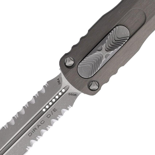 Microtech Auto Dirac D E OTF Knife with 3 Inch Serrated Blade AP Finish Gray Aluminum Handle for Tactical Pros by Microtech