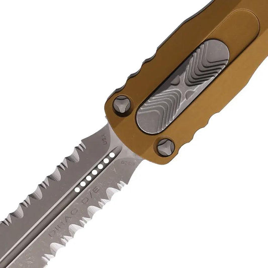Microtech Auto Dirac D E OTF Knife With Apocalyptic Finish Double Edge Dagger Blade Tan Aluminum Handle For Collectors by Microtech