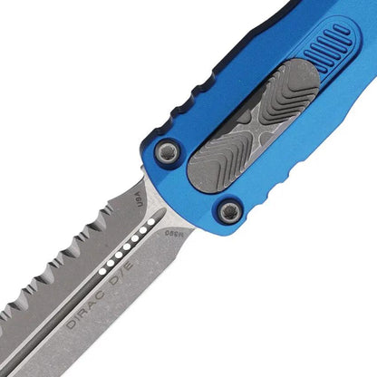 Microtech Auto Dirac DE OTF EDC Knife Blue Aluminum Handle With Apocalyptic Serrated M390 Blade And Glass Breaker by Microtech