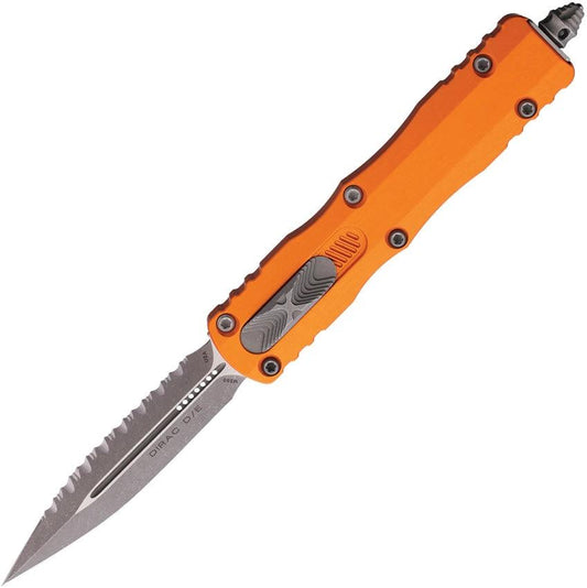 Microtech Auto Dirac D E OTF Knife With Apocalyptic Finish Serrated M390 Blade Glass Breaker Orange Handle For EDC by Microtech