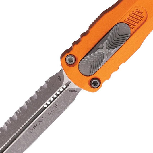 Microtech Auto Dirac D E OTF Knife With Apocalyptic Finish Serrated M390 Blade Glass Breaker Orange Handle For EDC by Microtech
