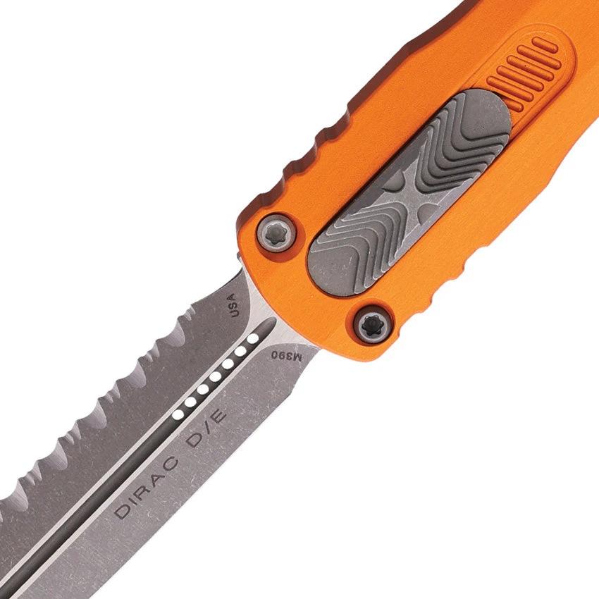 Microtech Auto Dirac D E OTF Knife With Apocalyptic Finish Serrated M390 Blade Glass Breaker Orange Handle For EDC by Microtech