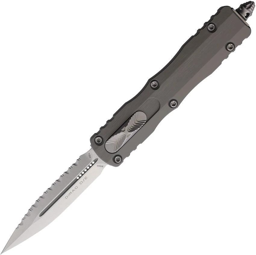 Microtech Dirac D E OTF Knife Automatic Opening M390 Serrated Blade Gray Aluminum Glass Breaker EDC Enthusiasts by Microtech