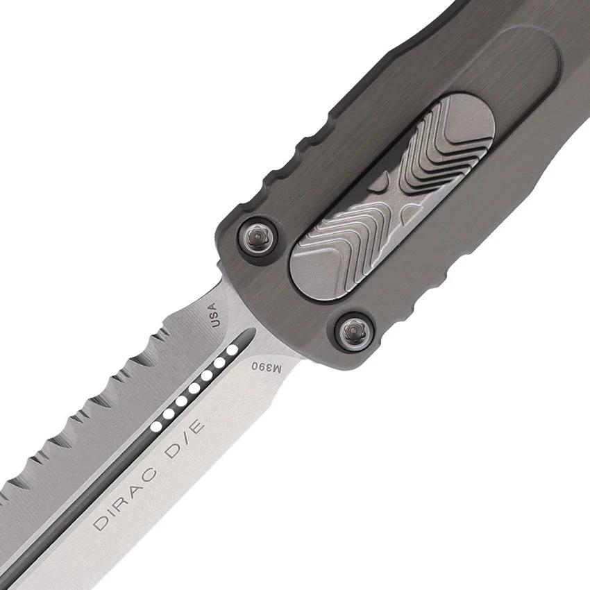 Microtech Dirac D E OTF Knife Automatic Opening M390 Serrated Blade Gray Aluminum Glass Breaker EDC Enthusiasts by Microtech