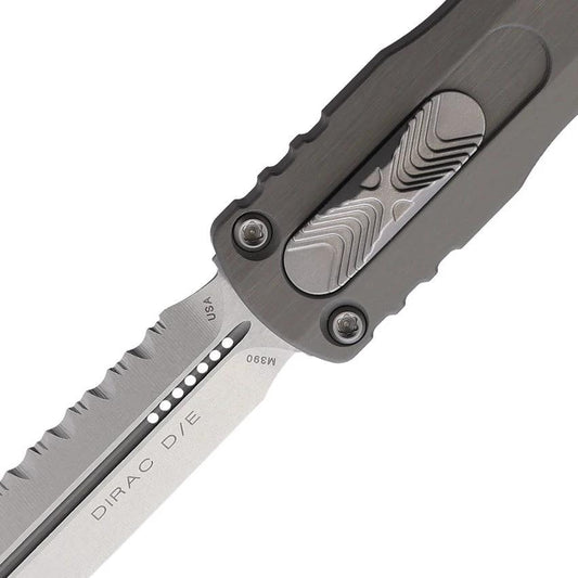 Microtech Dirac D E OTF Knife Automatic Opening M390 Serrated Blade Gray Aluminum Glass Breaker EDC Enthusiasts by Microtech