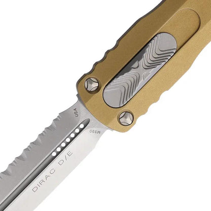 Microtech Dirac Auto DE OTF Knife Tan Aluminum Handle Tactical Glass Breaker Serrated 3 Inch Blade by Microtech