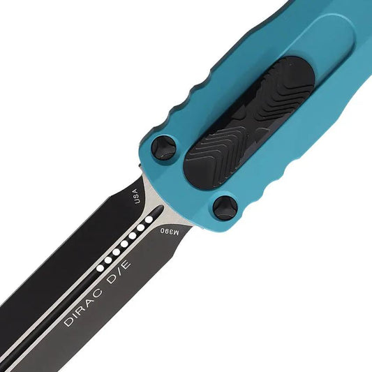 Microtech Auto Dirac D E OTF Cyan Aluminum EDC Knife With Double Edge Dagger Blade Glass Breaker by Microtech