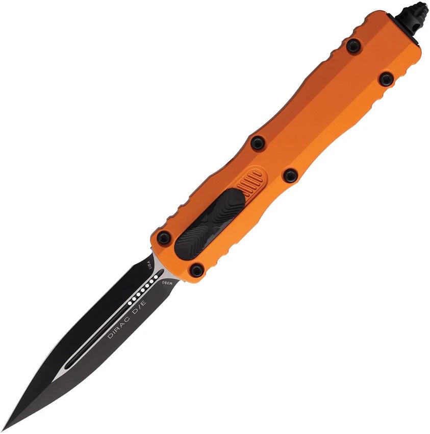 Microtech Auto Dirac D E OTF Knife Orange Handle Auto Opening For Enthusiasts 4.38 Inch Closed 3 Inch Black Dagger Blade by Microtech