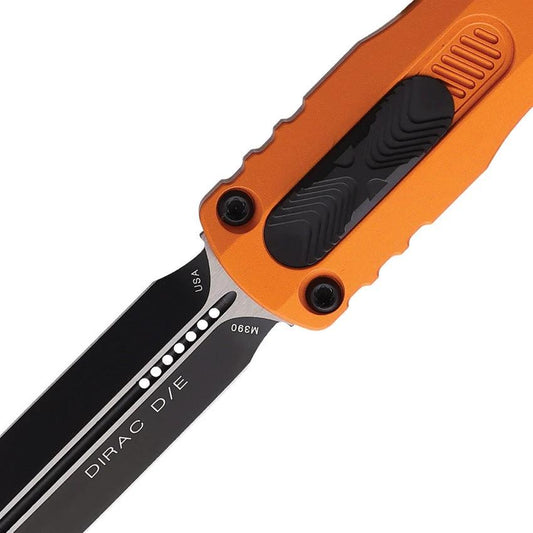 Microtech Auto Dirac D E OTF Knife Orange Handle Auto Opening For Enthusiasts 4.38 Inch Closed 3 Inch Black Dagger Blade by Microtech