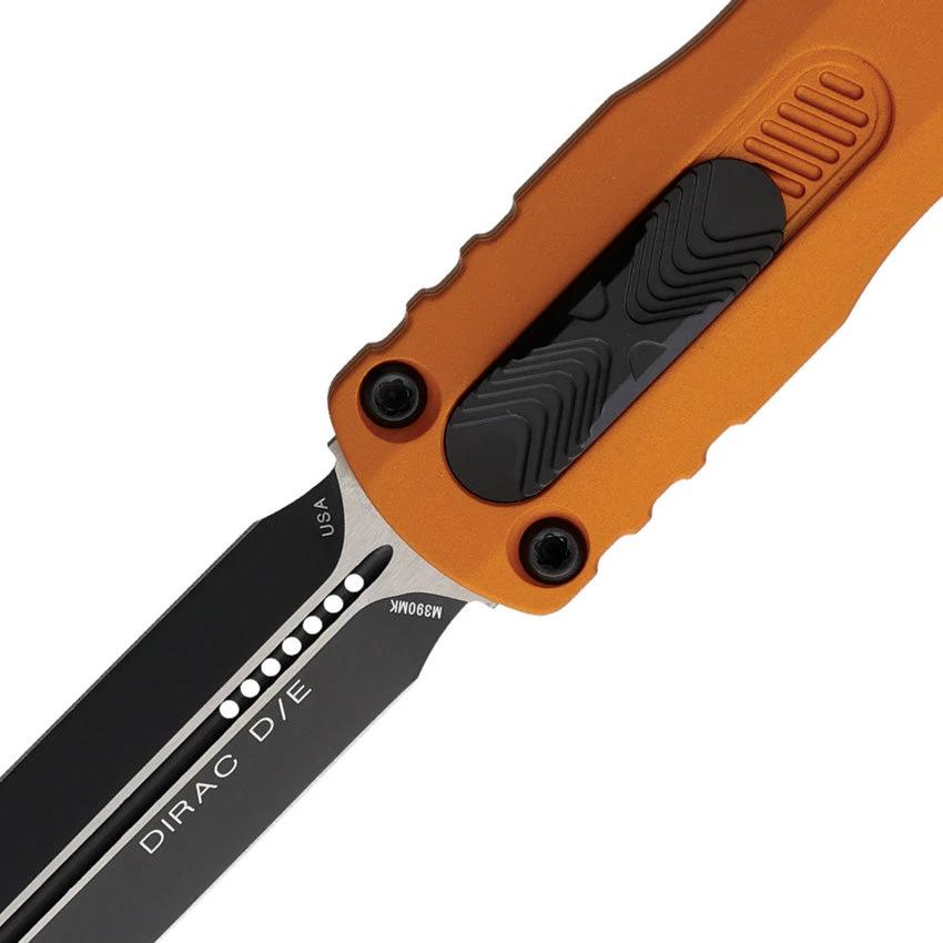 Microtech Dirac D E OTF Auto Knife For EDC Fans With Two Tone Dagger Blade Glass Breaker Tangerine Aluminum Handle by Microtech
