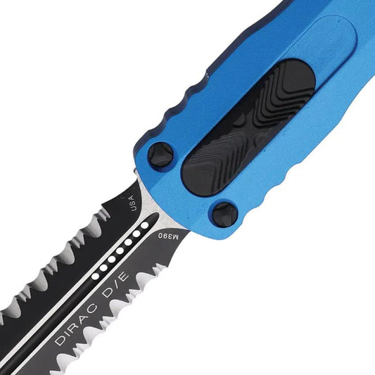 Microtech Auto Dirac D E OTF Blue Aluminum Handle Premium Glass Breaker Partially Serrated Two Tone Blade For EDC Enthusiasts by Microtech