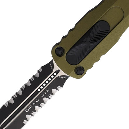 Microtech Auto Dirac D E OTF OD Green Aluminum Handle Two Tone Bohler M390 Blade Partially Serrated Glass Breaker EDC by Microtech