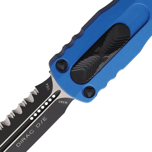 Microtech Auto Dirac DE OTF Knife Tactical Blue Aluminum Handle 4.38in Closed 3in Double Edge Blade Glass Breaker by Microtech