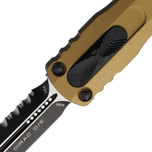 Microtech Auto Dirac DE OTF Knife Premium Steel Serrated Blade Tan Aluminum Handle Glass Breaker For EDC Enthusiasts by Microtech