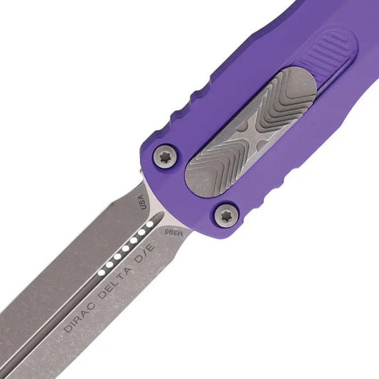 Microtech Auto Dirac Delta D E OTF Knife For Collectors With Apocalyptic M390 Double Edge Blade Purple Aluminum Handle by Microtech