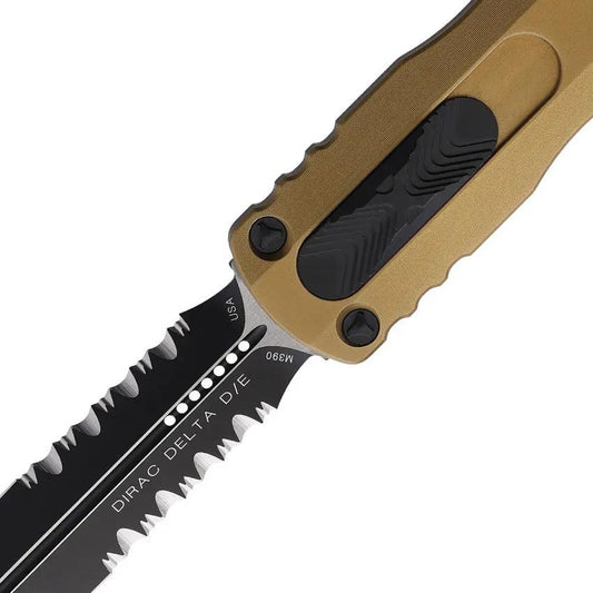 Microtech Auto Dirac Delta D E OTF Knife Automatic Open M390 Dagger Blade Tan Aluminum Handle For EDC Enthusiasts by Microtech