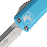 Microtech Auto UTX 85 OTF Knife Satin Partially Serrated Blade Turquoise Aluminum Handle Glass Breaker Tactical by Microtech