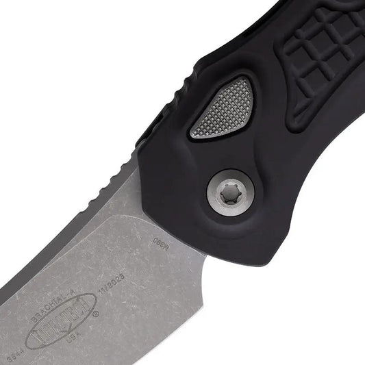 Microtech Auto Brachial Button Lock Knife 268A-10AP Auto Opening Bohler M390 Blade Black Textured Aluminum Handle EDC by Microtech