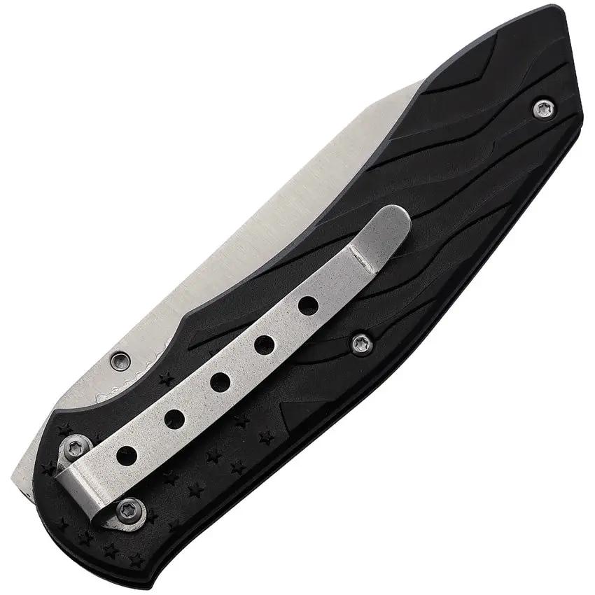 Miscellaneous Linerlock Knife - Black Handle With American Flag Motif, Satin 3.5in Blade, Pocket Clip, 4.5in Closed by Miscellaneous