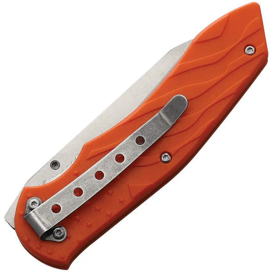 BZ Linerlock Knife - Orange Handle With American Flag Motif, Thumb Stud, Satin 3.5in Blade, 4.5in Closed by Miscellaneous