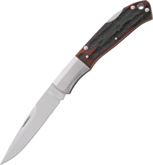 Moki Lockback M533ANZ Knife Premium VG10 Stainless Blade Amber Bone Stag Handles Leather Sheath For Collectors by Moki