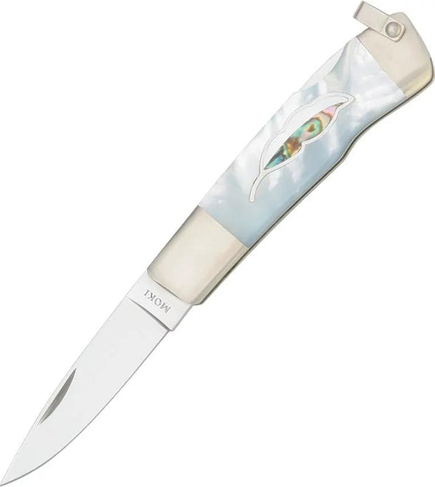 Moki Leaf Lockback Knife MOP With Mirror Polished VG10 Blade For Collectors And Knife Enthusiasts Leather Lined Sheath by Moki