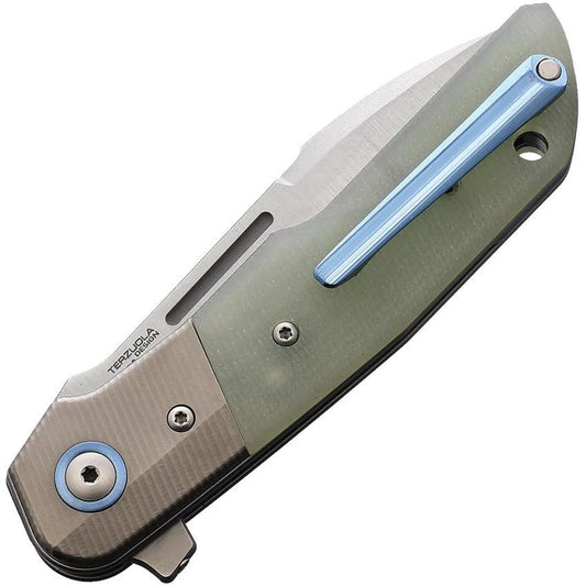 MKM Clap Linerlock EDC Knife Jade G10 Handle 3in Satin M390 Blade Titanium Bolsters Extended Tang Pocket Clip by MKM-Maniago Knife Makers