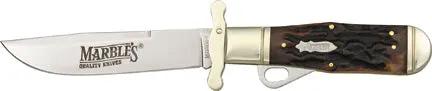 Marbles Safety Folder KE04 - Bowie Style Clip Blade, Stag Bone Handles With Shield, Extended Tang Guard by Marbles