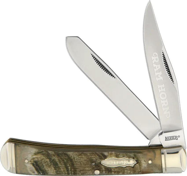Marbles Rams Horn Trapper KB201 - Stainless Clip and Spey Blades With Ram Horn Handles and Inlay Shield by Marbles