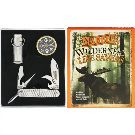 Marbles Wilderness Life Savers Set MR387 - Waterproof Stainless Multi Tool Knife With GI Utility Knife And Match Safe by Marbles