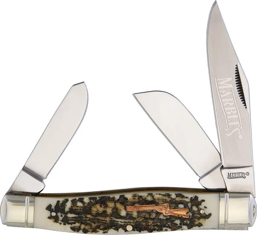 Marbles Large Stockman Knife - Imitation Stag Handle Shield Inlay With Stainless Clip Sheepsfoot And Pen Blades by Marbles