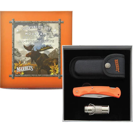 Marbles Grandfather Mountain Set MR425 - 5 Inch Lockback Knife Orange Grip Clip Point Blade And Waterproof Match Safe by Marbles
