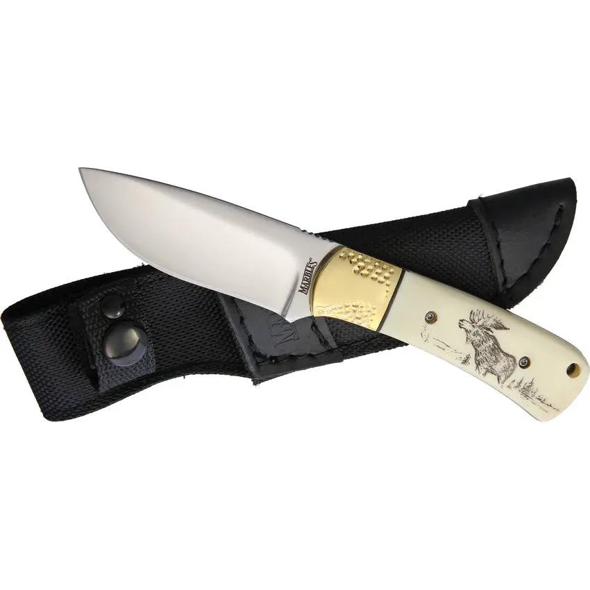 Marbles Fixed Blade Scrimshaw Knife - Moose Artwork Handle Satin Finish 3.25 Inch Blade Full Tang by Marbles