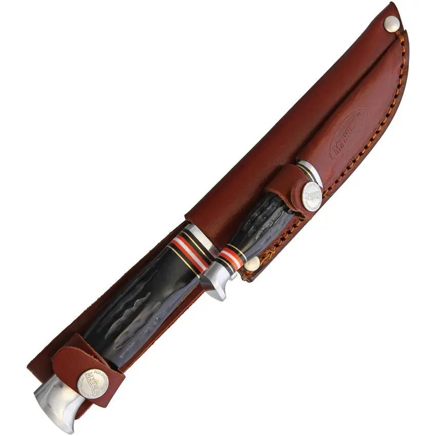Marbles Fixed Blade Set MR454 EG735 - Satin Finish Stainless Blades Jigged Horn Handles Leather Belt Sheath by Marbles
