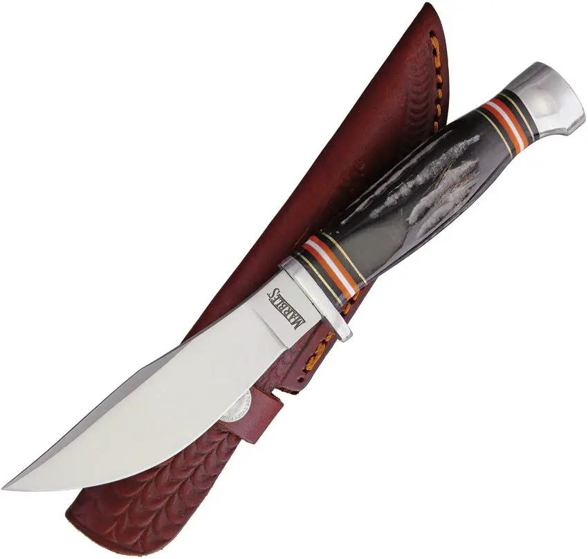 Marbles Fixed Blade Horn Knife MR461 EG742 - 9 Inch Overall Satin Stainless Blade Jigged Horn Handle With Leather Sheath by Marbles