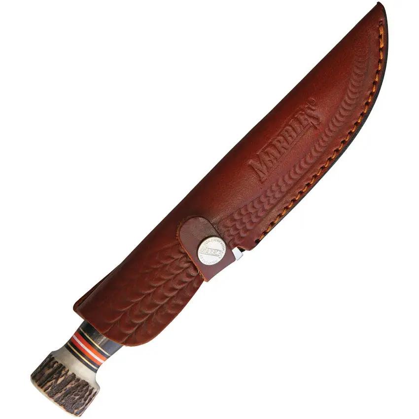 Marbles Skinner MR463 EG-753 - 4 Inch Damascus Blade, Jigged Horn Handle, Stag Pommel, Brown Leather Belt Sheath by Marbles