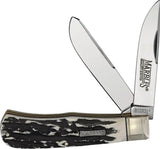 Marbles Jumbo Trapper Black Stag Knife - Mirrored Stainless Clip And Spey Blades by Marbles