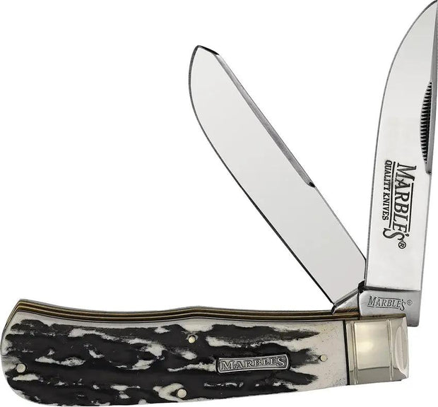 Marbles Jumbo Trapper Black Stag Knife - Mirrored Stainless Clip And Spey Blades by Marbles