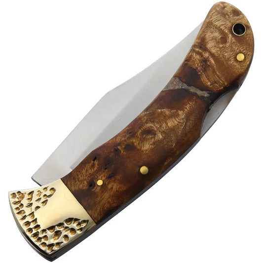 Marbles Large Lockback Burl Wood Knife - Satin Clip Point Blade, Brass Bolsters, Lanyard Hole by Marbles