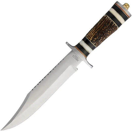 Marbles Stag Bowie No 5 Stainless - Satin Clip Point Blade, Stag Bone Handle, Leather Sheath by Marbles